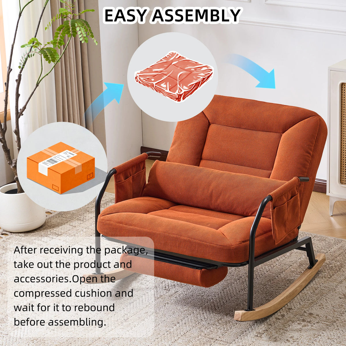 Adjustable Rocking Chair with Retractable Footrest, 4 Positions 100°-160° Reclining Glider Rocker, Ergonomic Corduroy Lounge Chair with Side Storage Pockets & Waist Pillow, Heavy Duty Metal Frame Wooden Rocker Base Reading