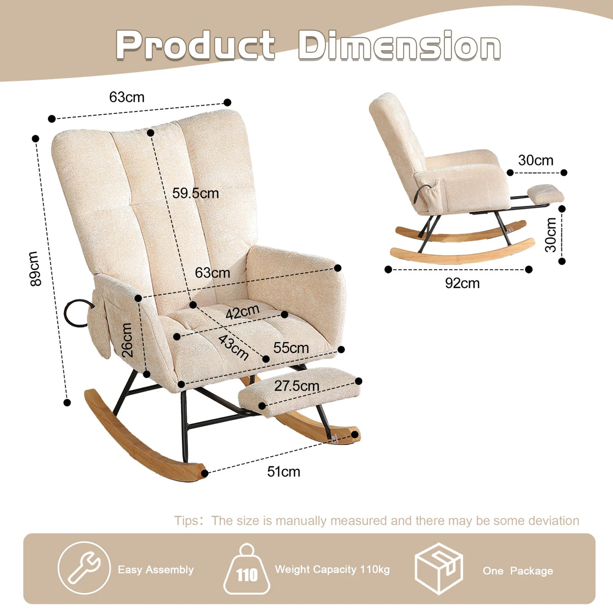 Beige Ergonomic Rocking Chair,High‑Density Sponge Chenille Fabric Rocker Chair with Side Storage Pocket, Retractable Footrest Solid Wood Legs Recliner for Nursing Reading Relax Chair