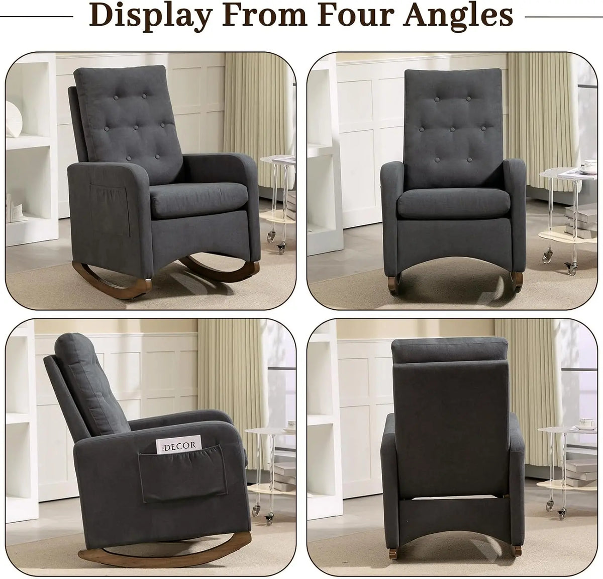 Upholstered Fabric Rocking Chair with High Backrest & Wooden Legs, Comfort Reading Lounge Chair with Side Storage Pocket for Living Room & Bedroom, 66 × 65 × 86 cm