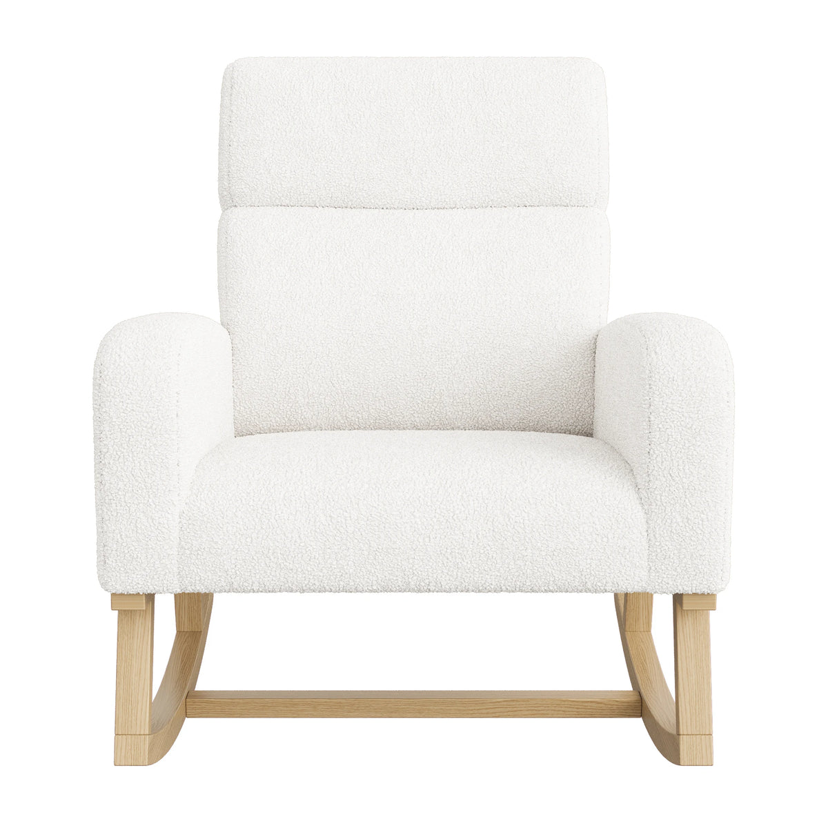 Superaly White Teddy Fabric Rocking Chair, High‑Back Upholstered Rocker Chair with Side Storage Pockets, Solid Wood Rocking Legs, Comfortable Glider Chair for Nursery, Living Room and Bedroom