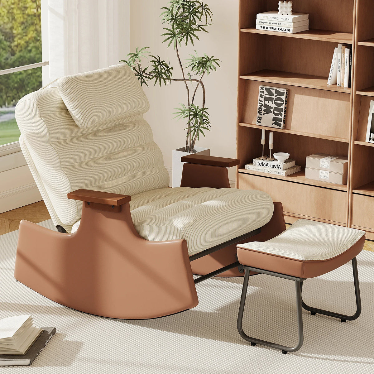 Superaly Beige Corduroy Rocking Chair with Ottoman, Adjustable Recliner Lounge Chair with Headrest and Footrest, Wood Armrests, Accent Chair for Living Room