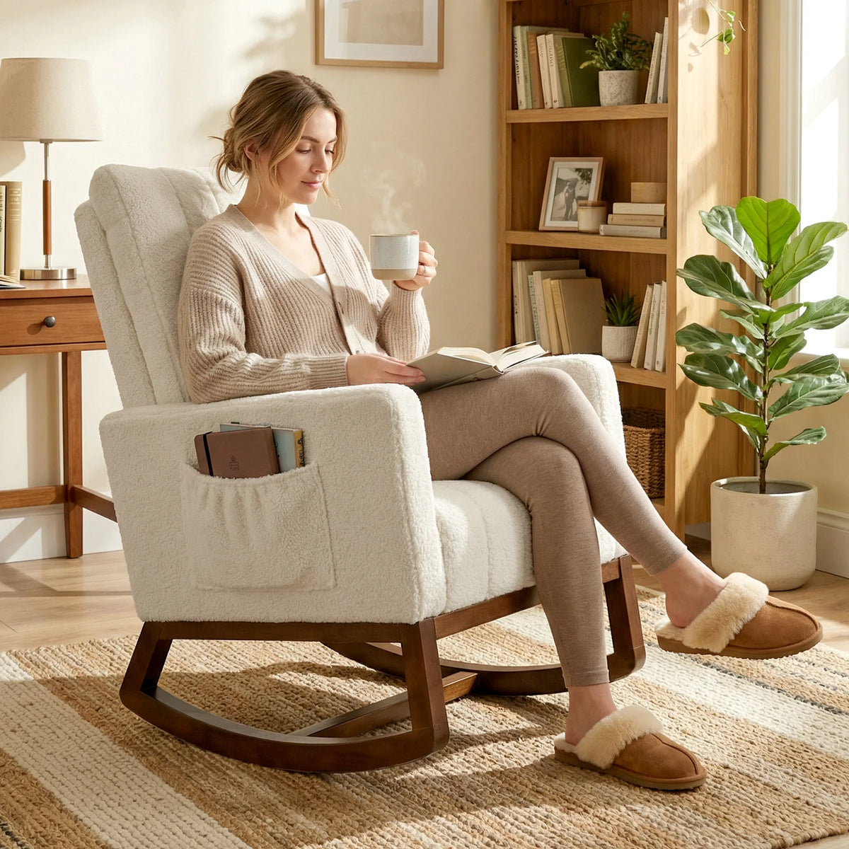 Homcom Rocking Chair, Rocking Chair in Snow Flannel Upholstered, Lumbar Cushion, High Backrest, Side Pockets, Cream