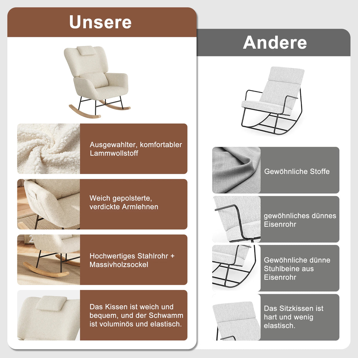Anajqaqia Beige Lambswool Rocking Chair Set with Matching Footstool, Sturdy Metal Frame, Suitable for Living Room or Bedroom.