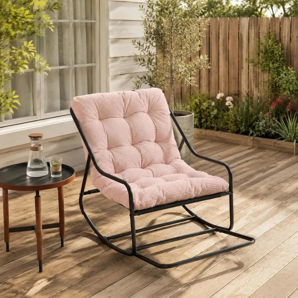 Modern Outdoor Rocking Chair, Lounge Glider Armchair With Thick Padded Corduroy Cushion And Heavy Duty Steel Frame For Patio, Living Room, Bedroom, 75x116x82 Cm, Black And Pink