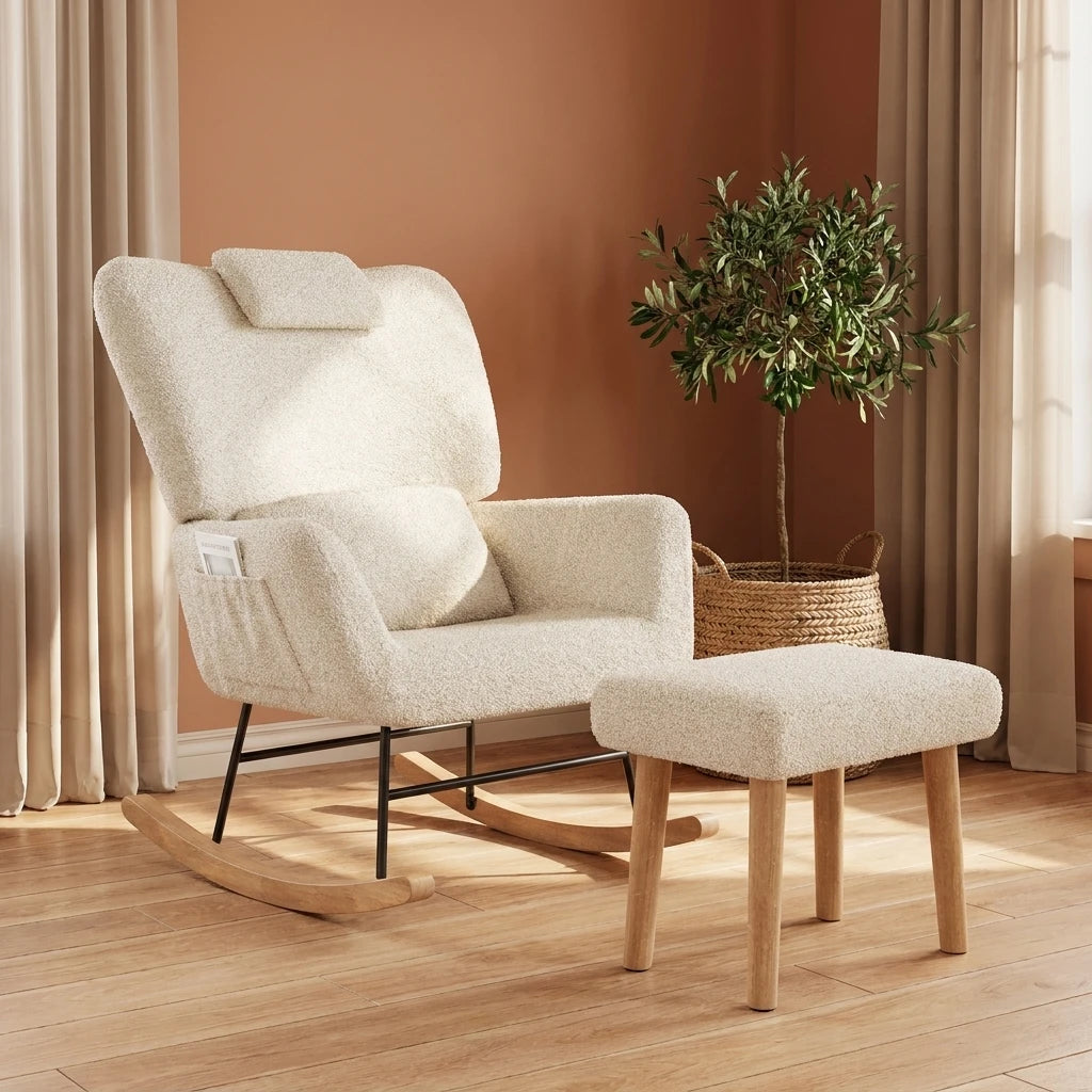 Anajqaqia Beige Lambswool Rocking Chair Set with Matching Footstool, Sturdy Metal Frame, Suitable for Living Room or Bedroom.