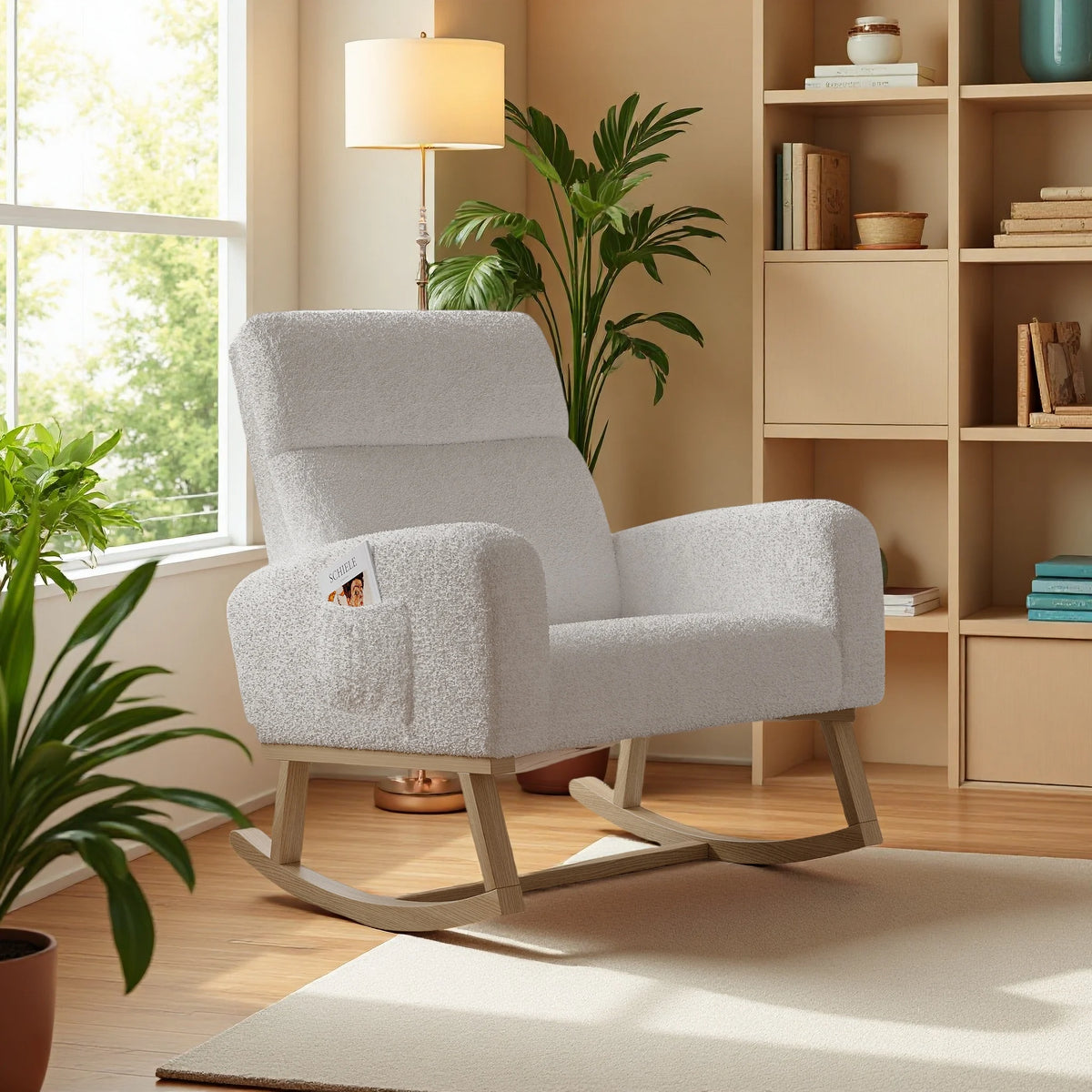Superaly White Teddy Fabric Rocking Chair, High‑Back Upholstered Rocker Chair with Side Storage Pockets, Solid Wood Rocking Legs, Comfortable Glider Chair for Nursery, Living Room and Bedroom