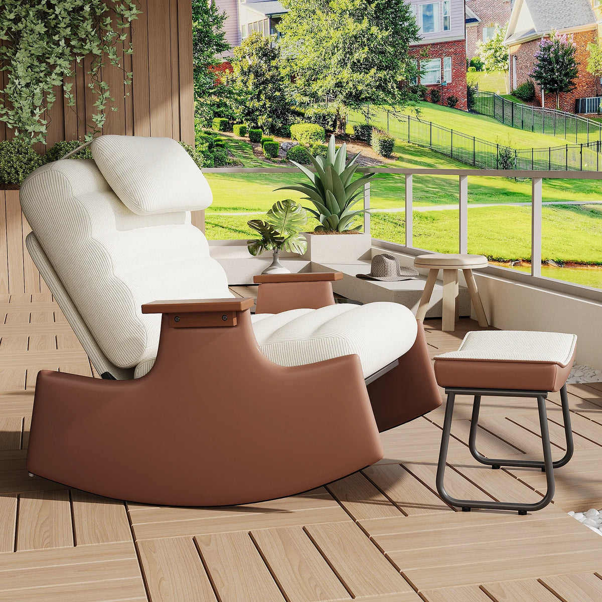 Rocking chair velours côtelé beige Crépuscule avec pouf repose-pieds – photo 3