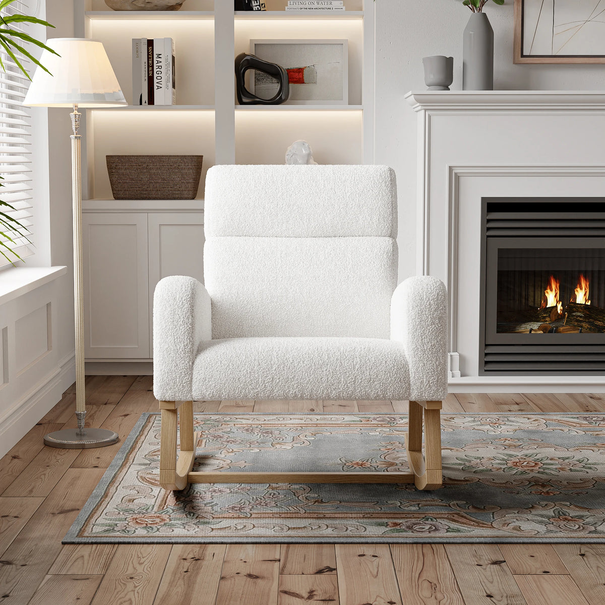 Superaly White Teddy Fabric Rocking Chair, High‑Back Upholstered Rocker Chair with Side Storage Pockets, Solid Wood Rocking Legs, Comfortable Glider Chair for Nursery, Living Room and Bedroom