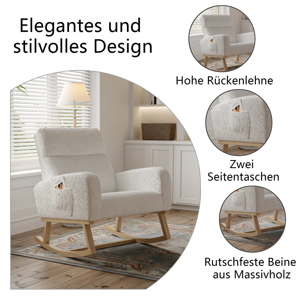 Superaly White Teddy Fabric Rocking Chair, High‑Back Upholstered Rocker Chair with Side Storage Pockets, Solid Wood Rocking Legs, Comfortable Glider Chair for Nursery, Living Room and Bedroom