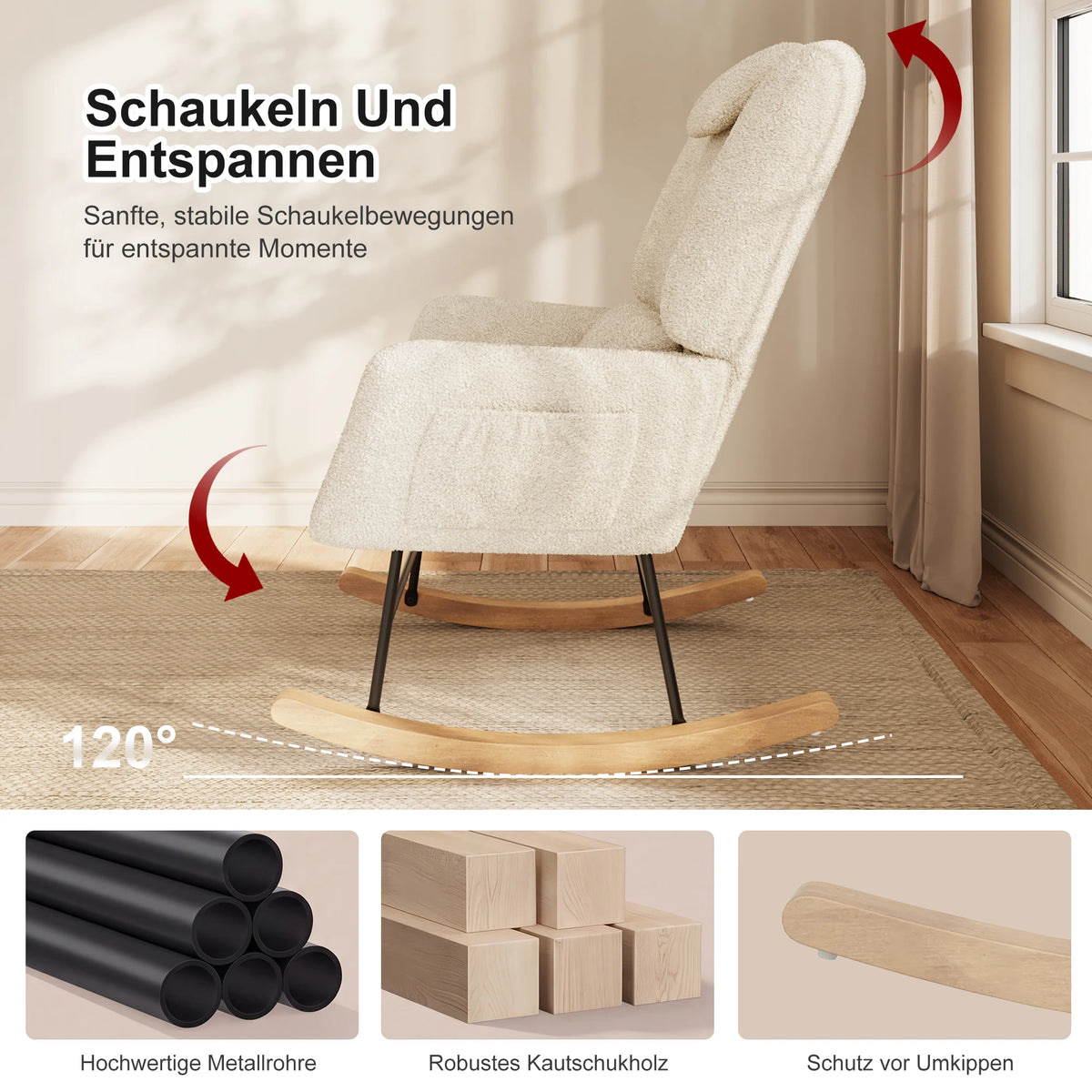 Anajqaqia Beige Lambswool Rocking Chair Set with Matching Footstool, Sturdy Metal Frame, Suitable for Living Room or Bedroom.