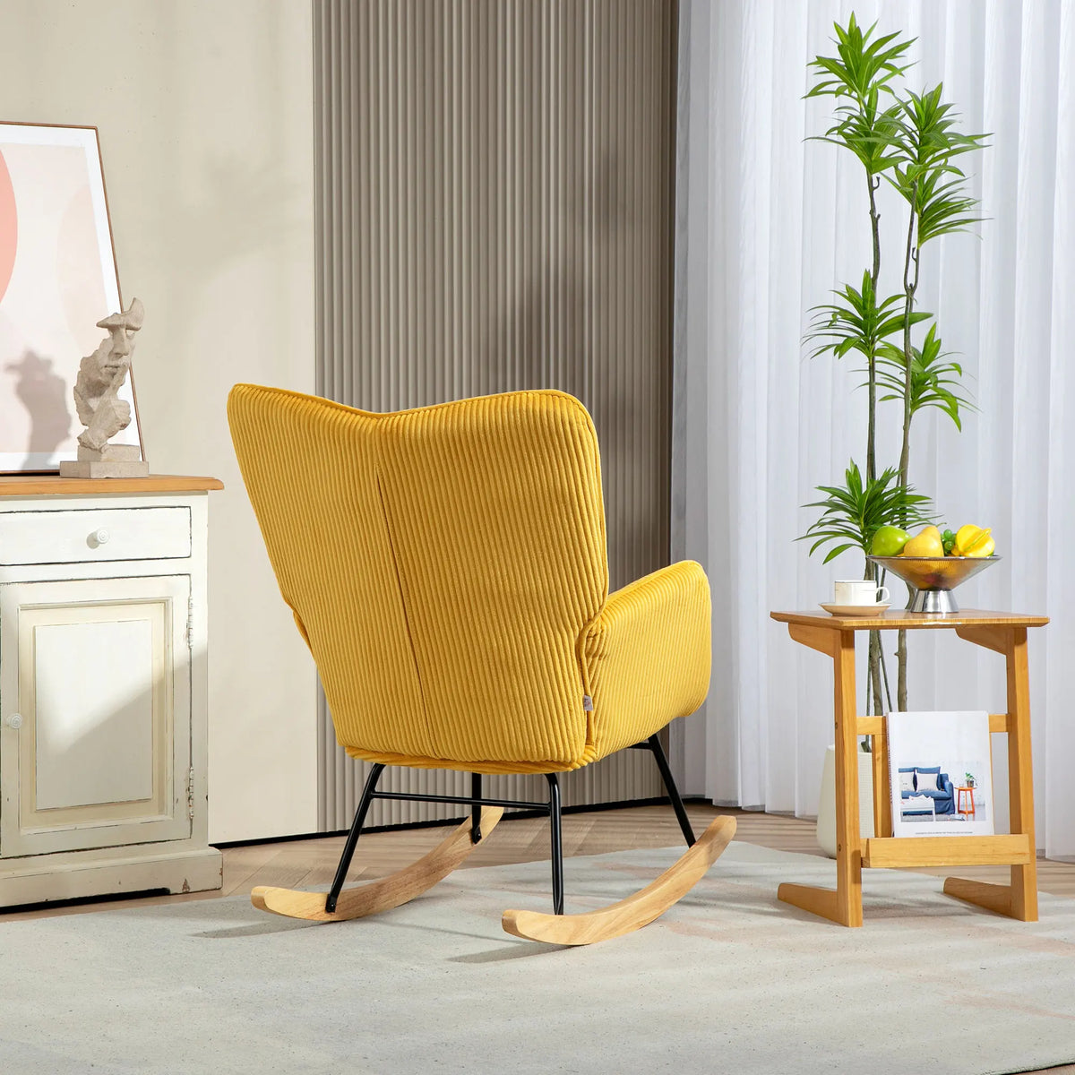 HOMCOM Rocking chair Fitting Cord Rocking armchair Armrest Padded High Back armchair wood Skid living room Modern Relax armchair Bedroom Up to 120kg Yellow
