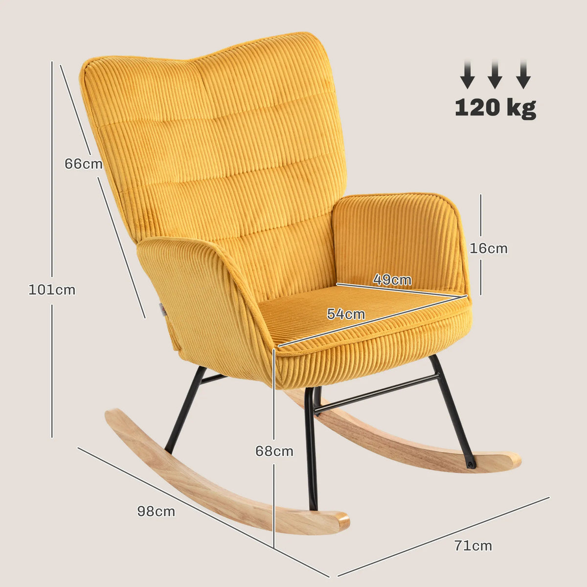 HOMCOM Rocking chair Fitting Cord Rocking armchair Armrest Padded High Back armchair wood Skid living room Modern Relax armchair Bedroom Up to 120kg Yellow