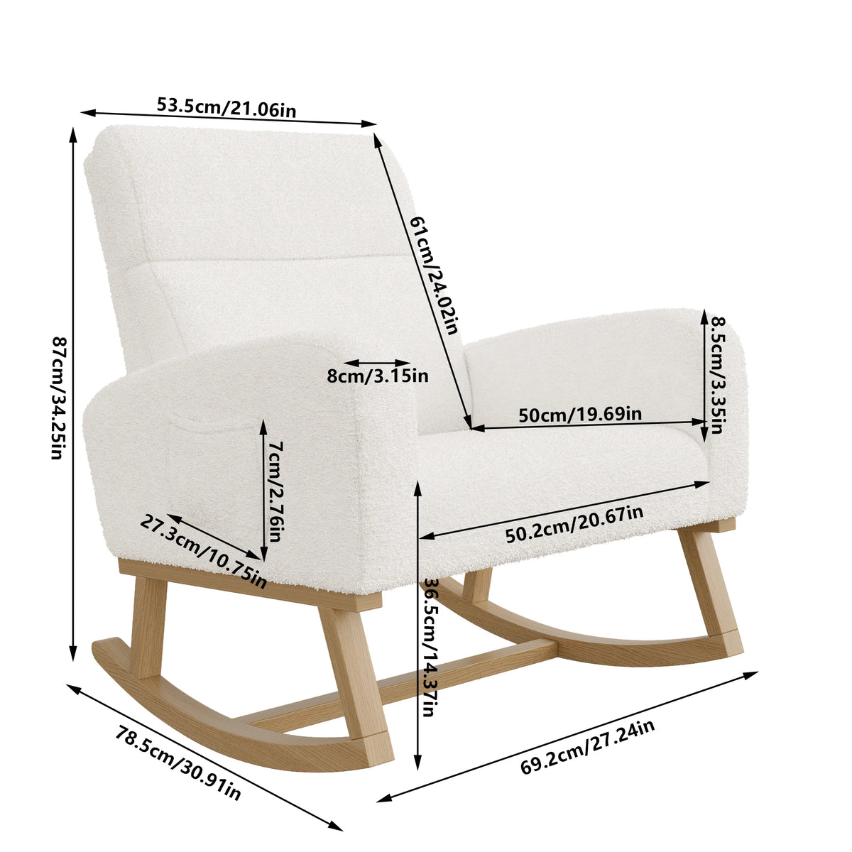 Superaly White Teddy Fabric Rocking Chair, High‑Back Upholstered Rocker Chair with Side Storage Pockets, Solid Wood Rocking Legs, Comfortable Glider Chair for Nursery, Living Room and Bedroom