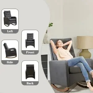 Upholstered Fabric Rocking Chair with High Backrest & Wooden Legs, Comfort Reading Lounge Chair with Side Storage Pocket for Living Room & Bedroom, 66 × 65 × 86 cm