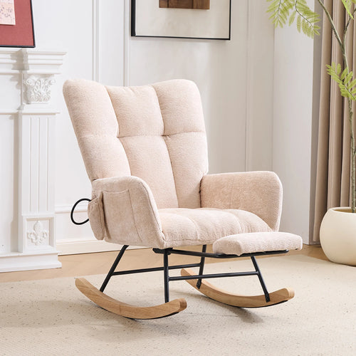 Beige Ergonomic Rocking Chair,High‑Density Sponge Chenille Fabric Rocker Chair with Side Storage Pocket, Retractable Footrest Solid Wood Legs Recliner for Nursing Reading Relax Chair