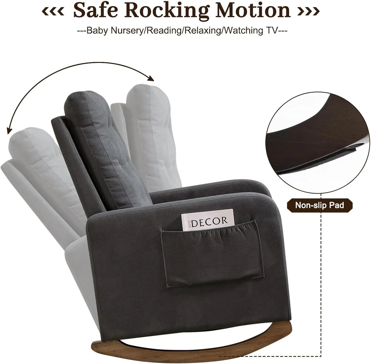 Rocking chair en tissu compact Liseuse avec dossier à oreilles et poche latérale – photo 4