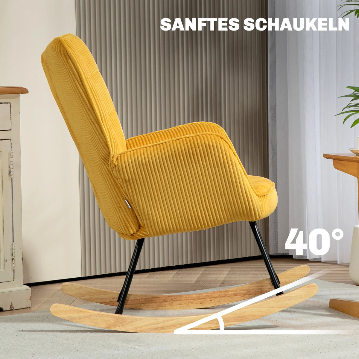 HOMCOM Rocking chair Fitting Cord Rocking armchair Armrest Padded High Back armchair wood Skid living room Modern Relax armchair Bedroom Up to 120kg Yellow