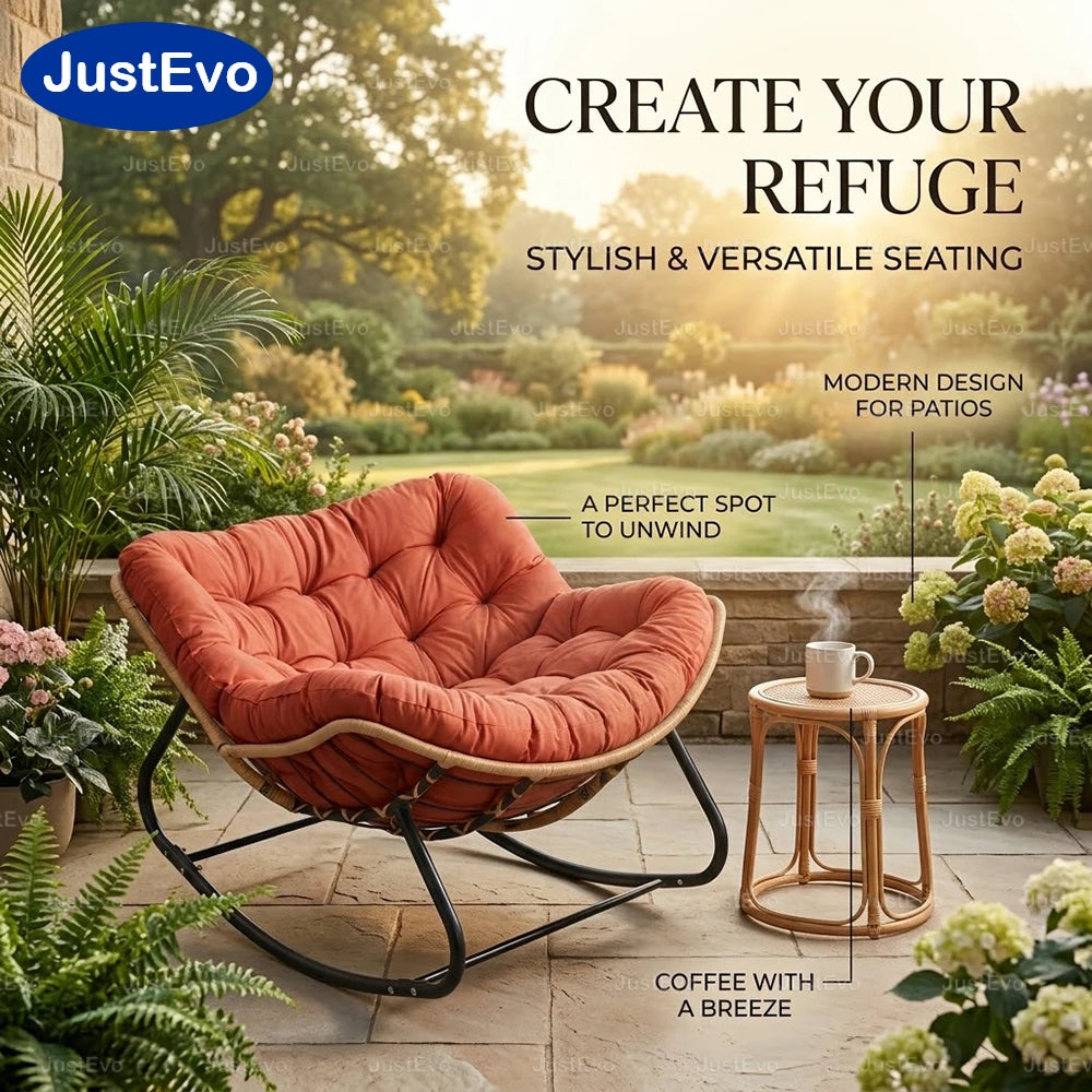 JustEvo Outdoor Rocking Patio Chair | Ergonomic Papasan Chair with Metal Frame & Cloud-Like Soft Cushion | Comfortable Leisure Furniture for Backyard Patio or Garden (Orange)