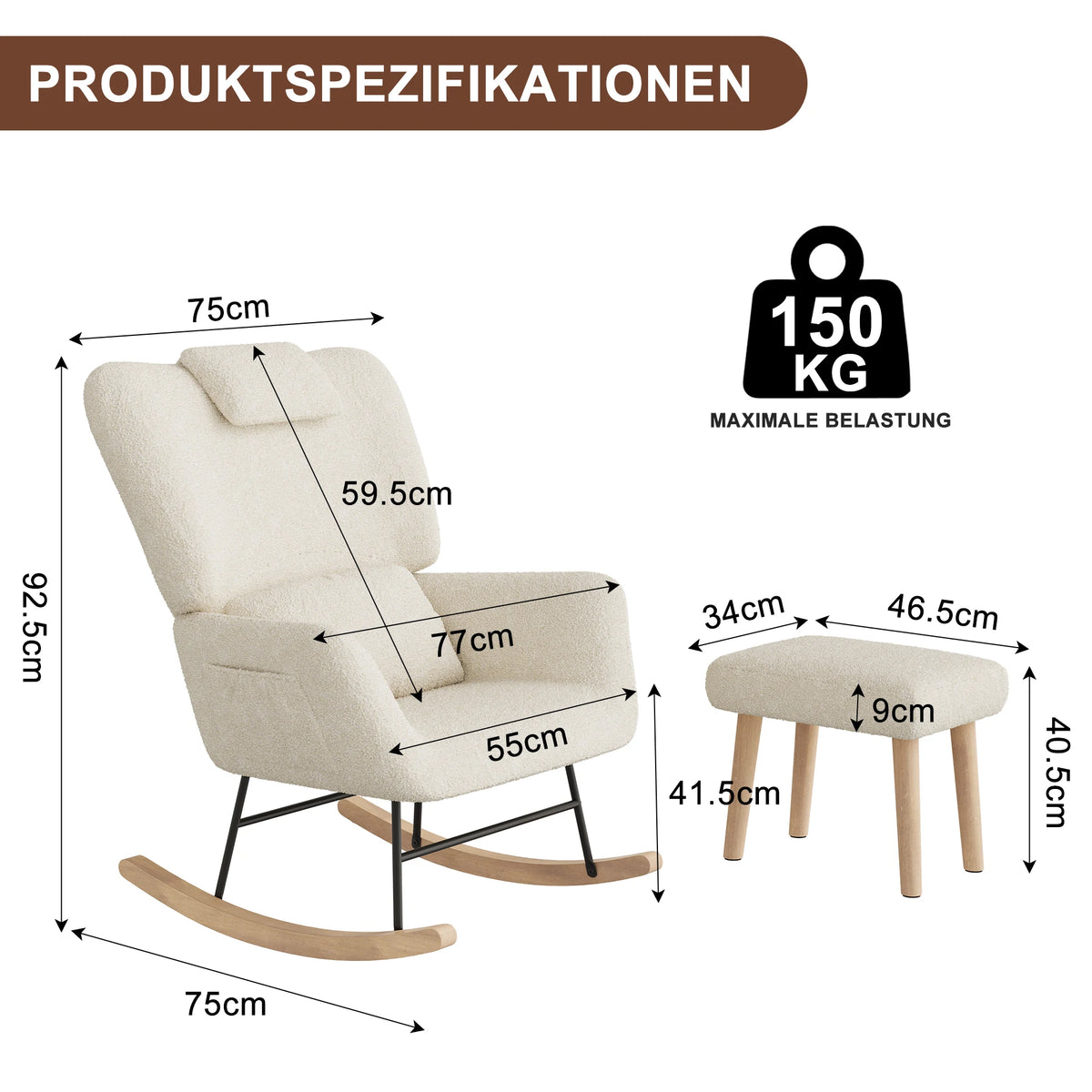 Anajqaqia Beige Lambswool Rocking Chair Set with Matching Footstool, Sturdy Metal Frame, Suitable for Living Room or Bedroom.