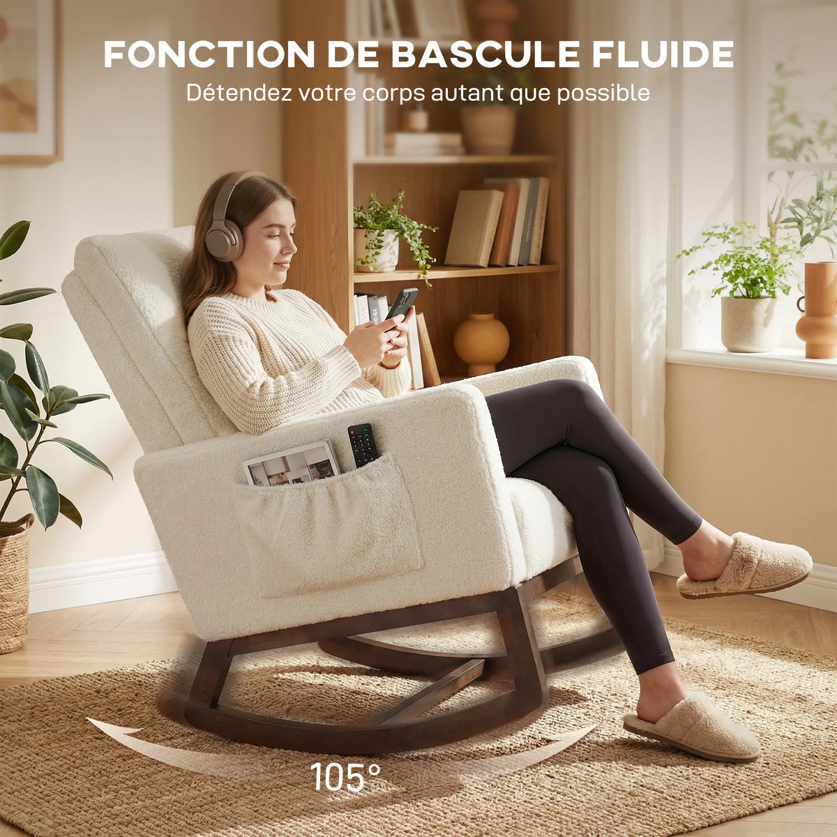 Rocking chair moderne crème Plaid en flanelle, dossier haut et coussin lombaire – photo 3