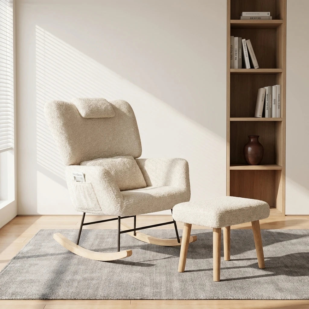 Anajqaqia Beige Lambswool Rocking Chair Set with Matching Footstool, Sturdy Metal Frame, Suitable for Living Room or Bedroom.