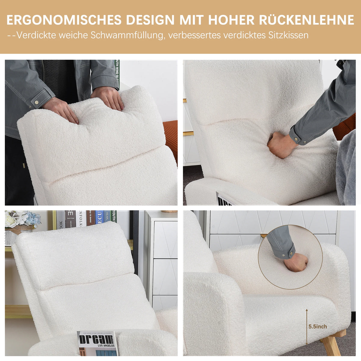 Superaly White Teddy Fabric Rocking Chair, High‑Back Upholstered Rocker Chair with Side Storage Pockets, Solid Wood Rocking Legs, Comfortable Glider Chair for Nursery, Living Room and Bedroom