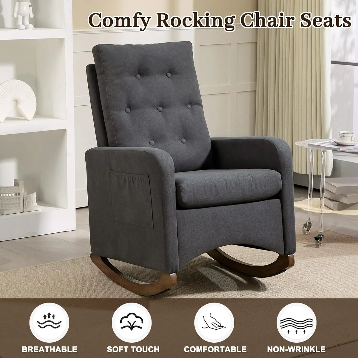 Rocking chair en tissu compact Liseuse avec dossier à oreilles et poche latérale – photo 5