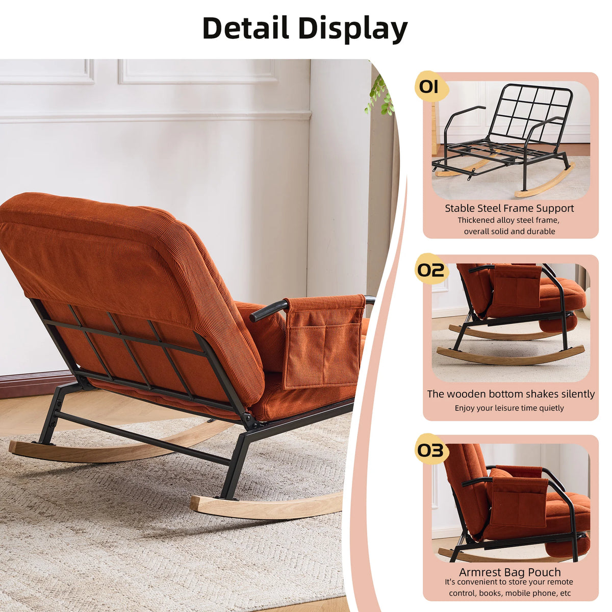 Adjustable Rocking Chair with Retractable Footrest, 4 Positions 100°-160° Reclining Glider Rocker, Ergonomic Corduroy Lounge Chair with Side Storage Pockets & Waist Pillow, Heavy Duty Metal Frame Wooden Rocker Base Reading