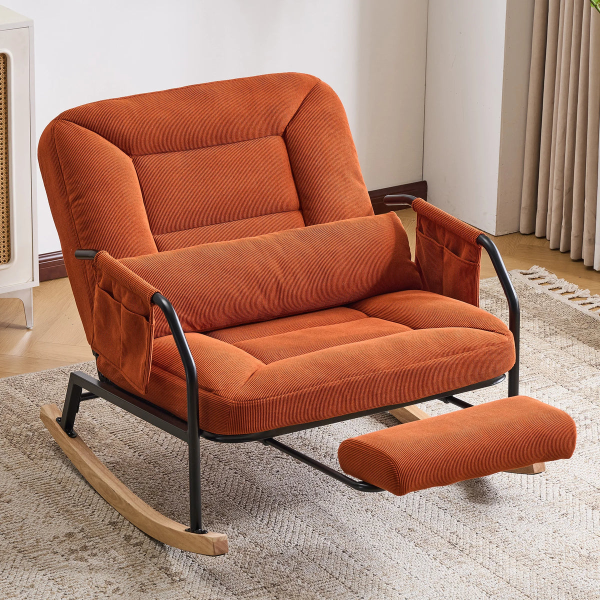 Adjustable Rocking Chair with Retractable Footrest, 4 Positions 100°-160° Reclining Glider Rocker, Ergonomic Corduroy Lounge Chair with Side Storage Pockets & Waist Pillow, Heavy Duty Metal Frame Wooden Rocker Base Reading