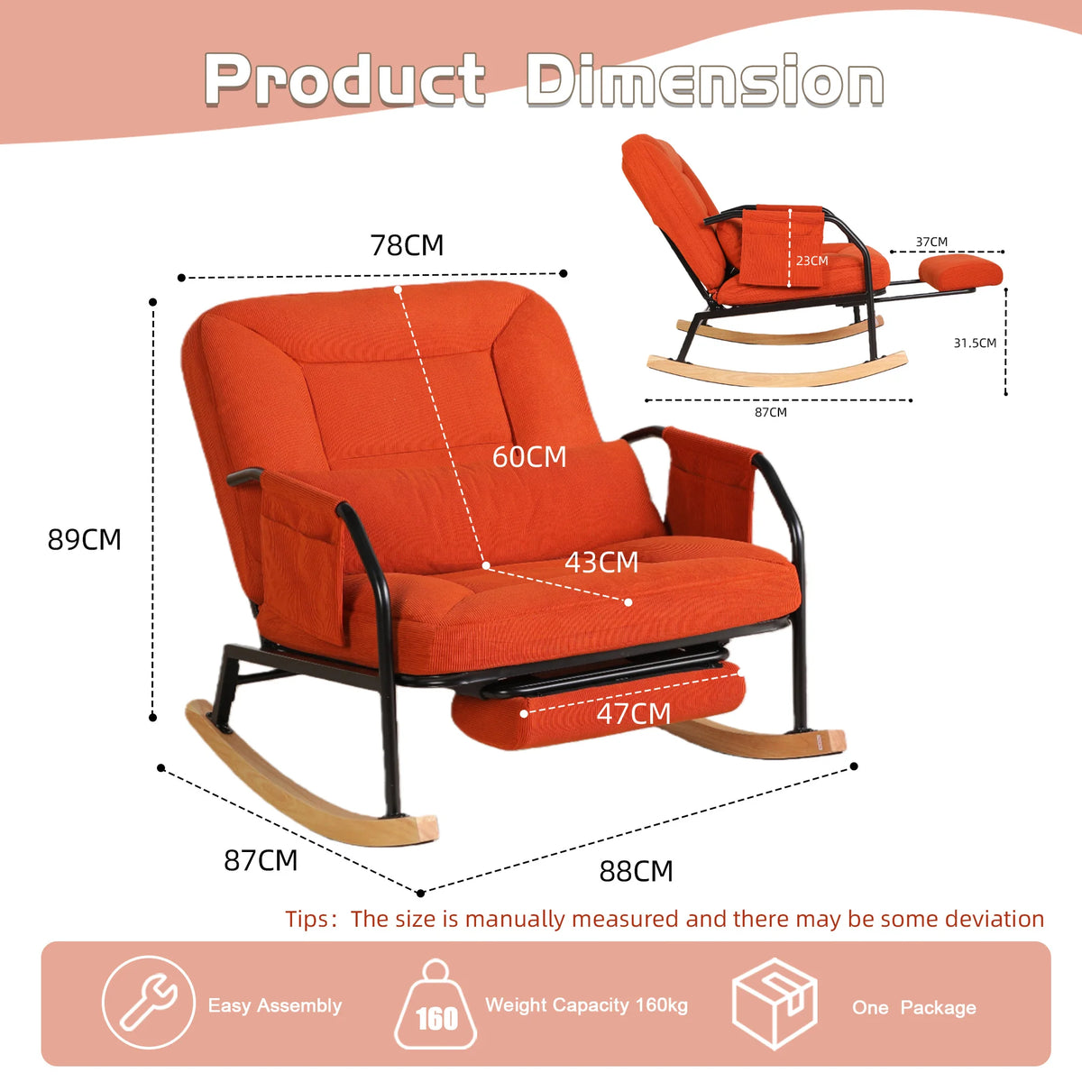 Adjustable Rocking Chair with Retractable Footrest, 4 Positions 100°-160° Reclining Glider Rocker, Ergonomic Corduroy Lounge Chair with Side Storage Pockets & Waist Pillow, Heavy Duty Metal Frame Wooden Rocker Base Reading
