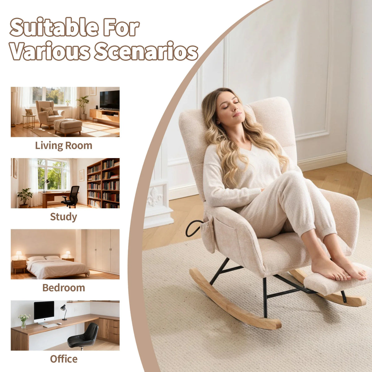 Beige Ergonomic Rocking Chair,High‑Density Sponge Chenille Fabric Rocker Chair with Side Storage Pocket, Retractable Footrest Solid Wood Legs Recliner for Nursing Reading Relax Chair