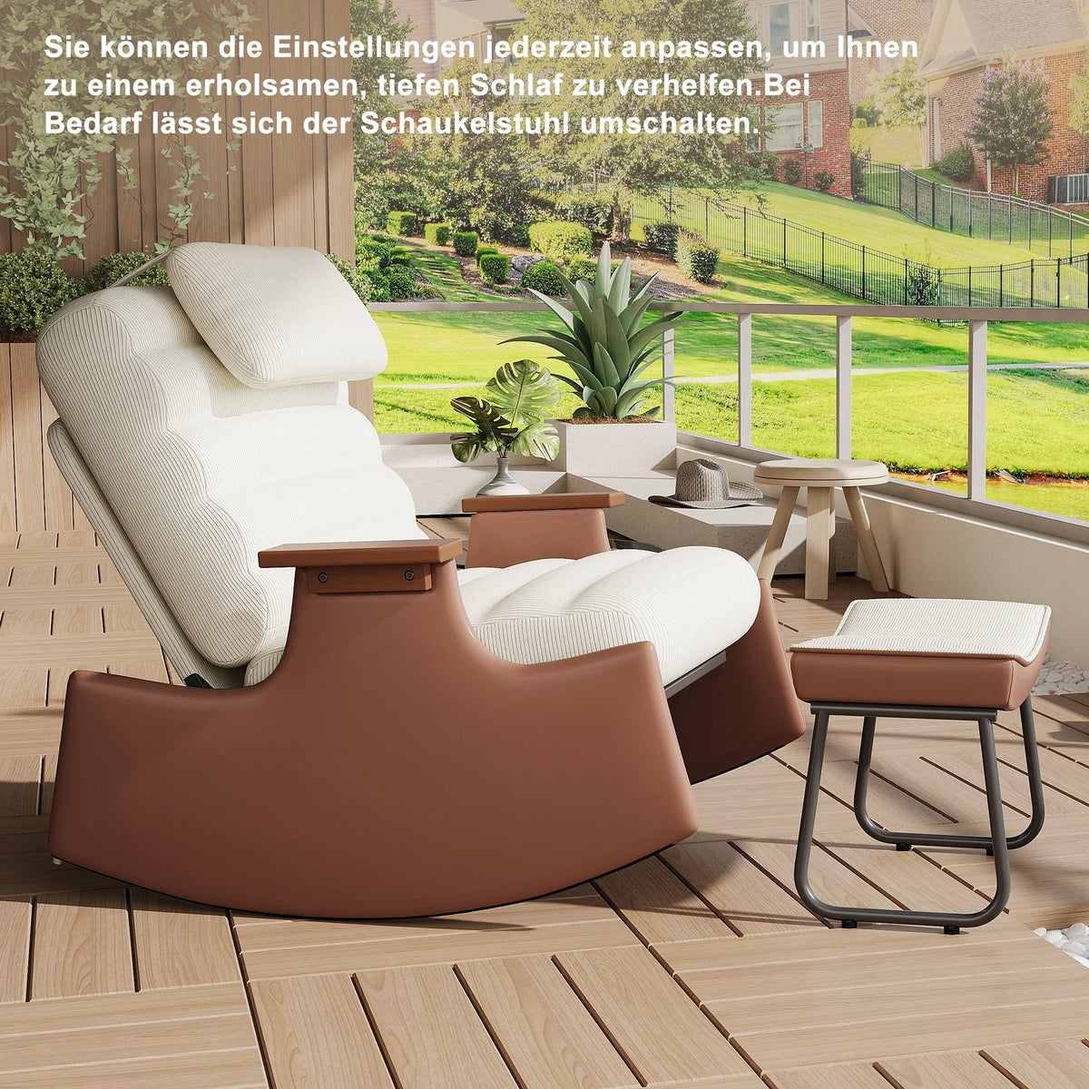 Superaly Beige Corduroy Rocking Chair with Ottoman, Adjustable Recliner Lounge Chair with Headrest and Footrest, Wood Armrests, Accent Chair for Living Room