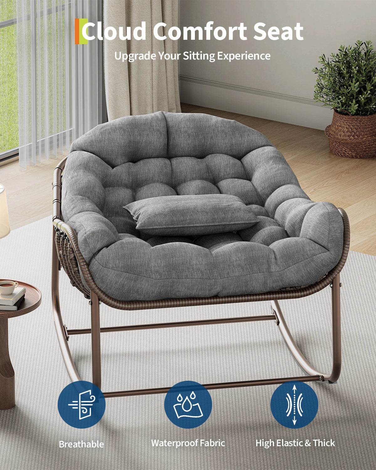 Rocking chair en rotin synthétique grand format Grand Soir avec coussin épais – photo 8