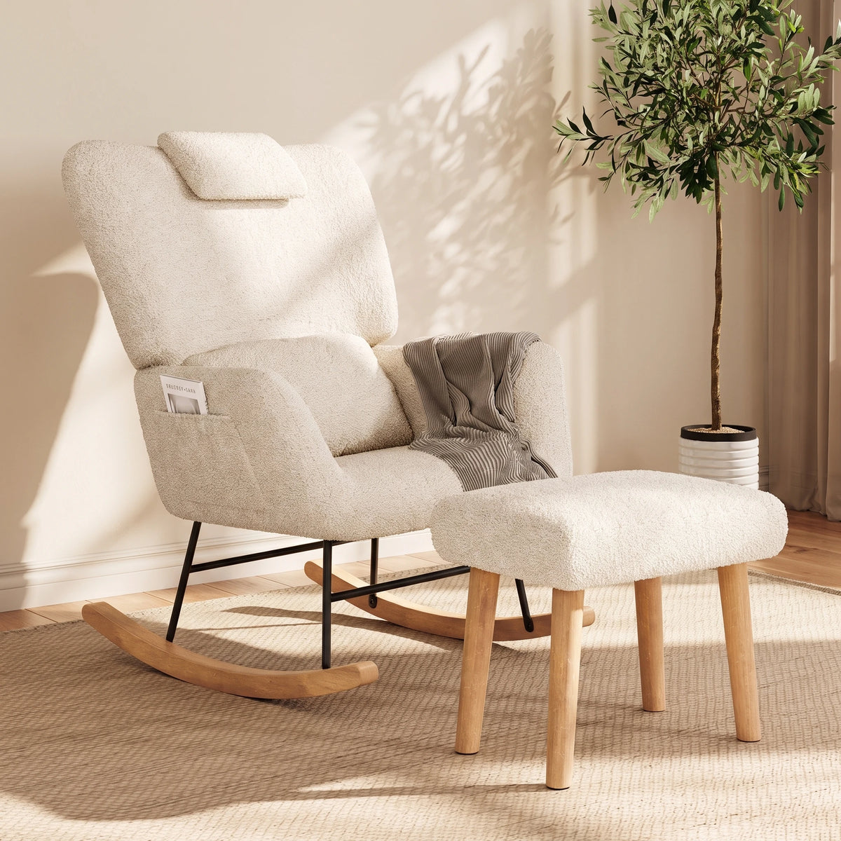 Anajqaqia Beige Lambswool Rocking Chair Set with Matching Footstool, Sturdy Metal Frame, Suitable for Living Room or Bedroom.