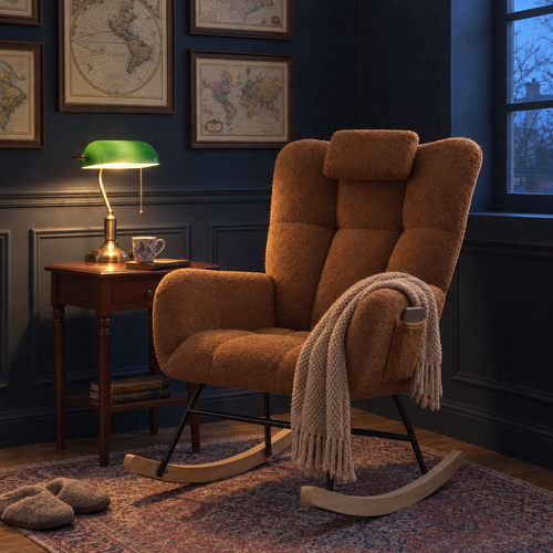 Fauteuil à bascule BRUNE en teddy marron, dans un coin bibliothèque le soir
