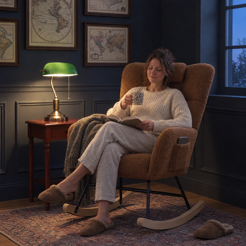 Femme qui lit avec une tisane dans le fauteuil à bascule BRUNE