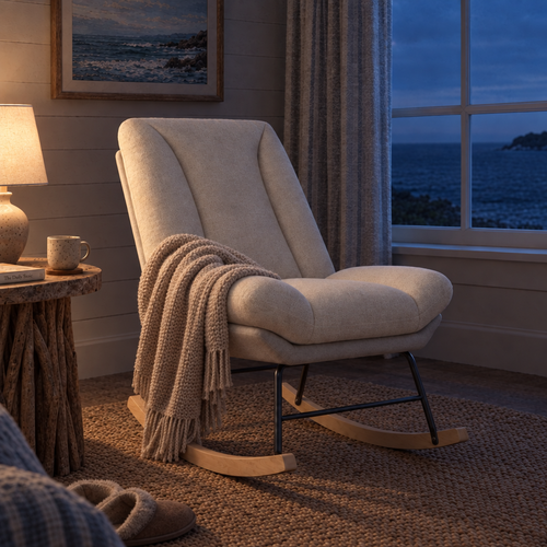 Fauteuil à bascule ACCALMIE en tissu effet lin beige, dans un salon de maison de bord de mer le soir