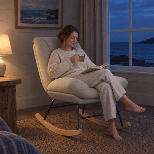 Femme qui lit avec une tisane, installée dans le fauteuil à bascule ACCALMIE