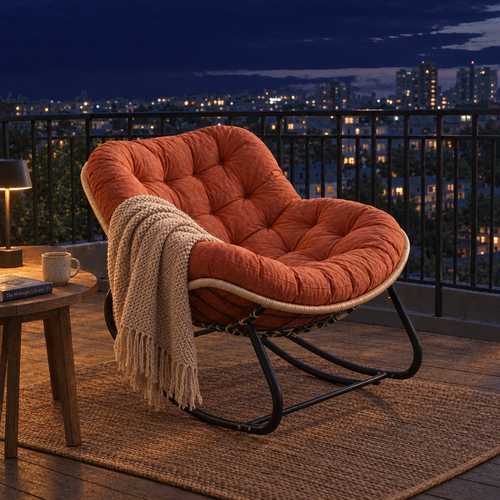 Chaise à bascule d'extérieur BRAISE avec son grand coussin orange, sur un balcon le soir