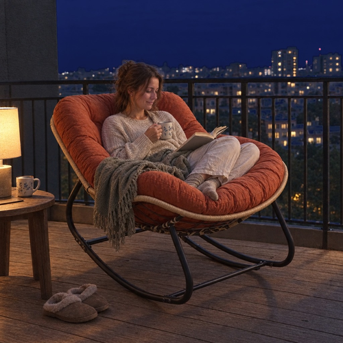 Femme lovée dans la chaise à bascule BRAISE avec un livre et une tisane, sur le balcon le soir